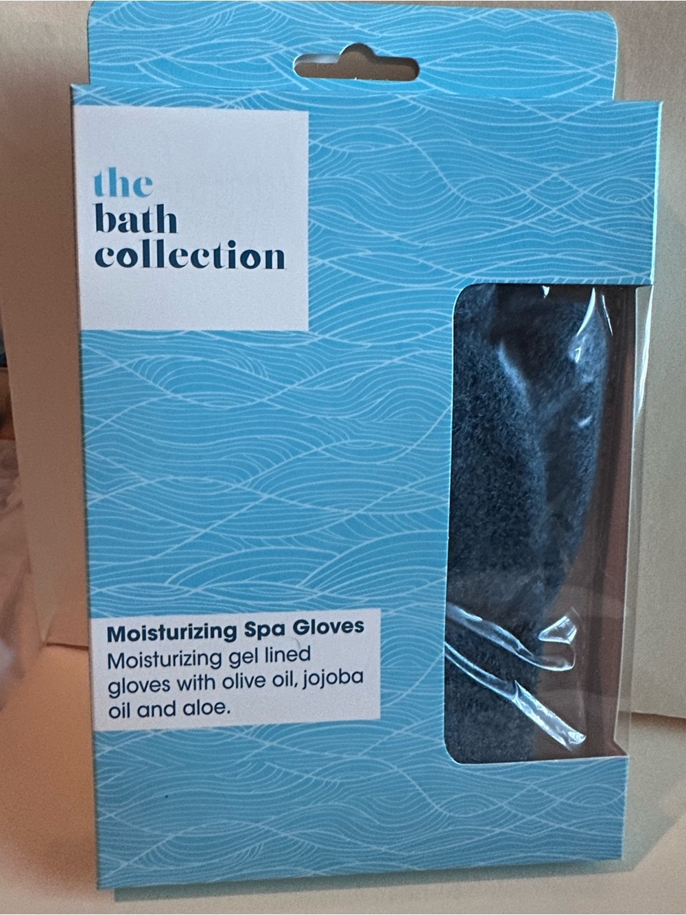 The Bath Collection Moisturizing Spa Gloves Gel Lined Olive Jojoba Aloe Blue New